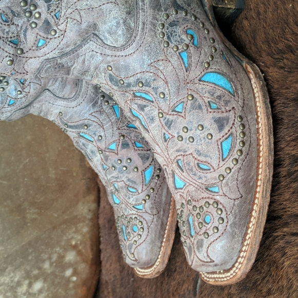CORRAL A1149 brown studded leather cowgirl western boots turquoise inlay sz 7 - Picture 12 of 16